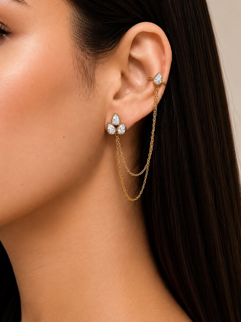 Stainless Steel Gold Double-Stud Chain Ear Cuff with Clear Crystal Accents